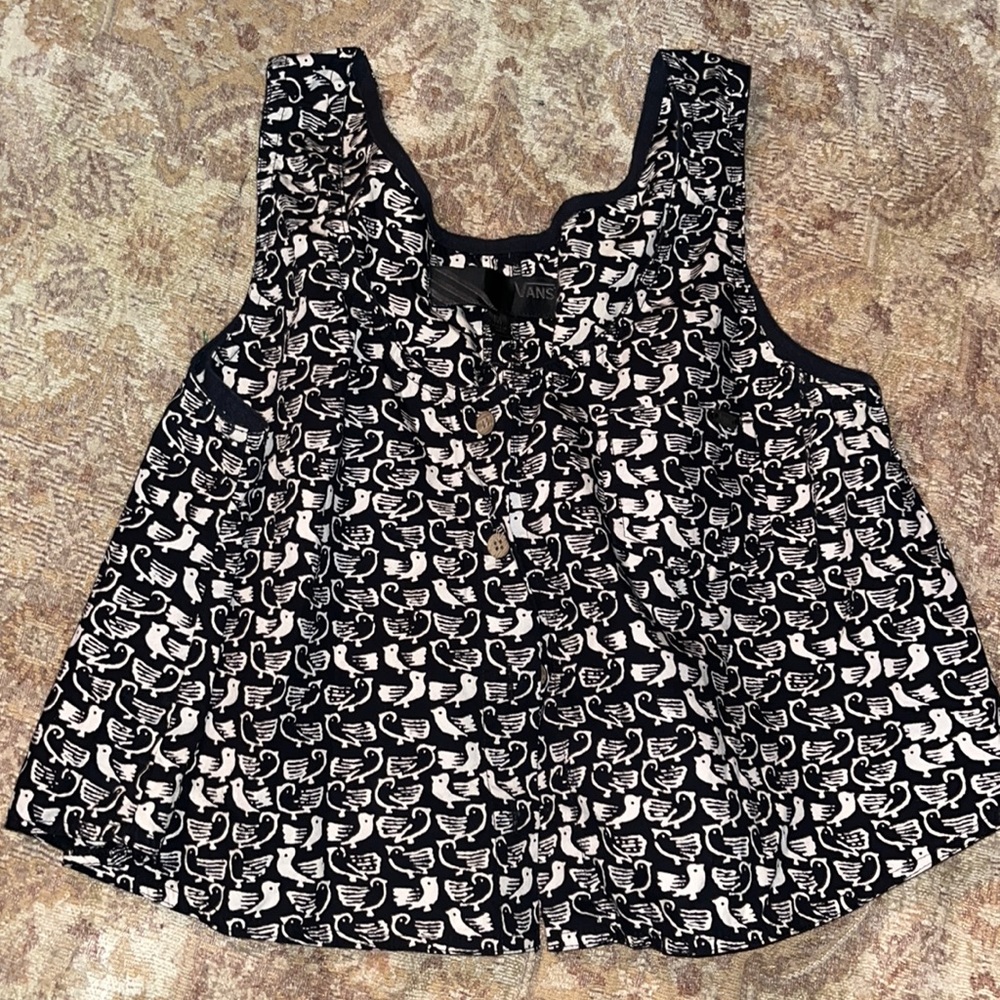 Vans Women's Black Bird Print Cropped Open Back Tank Top Size Medium EUC